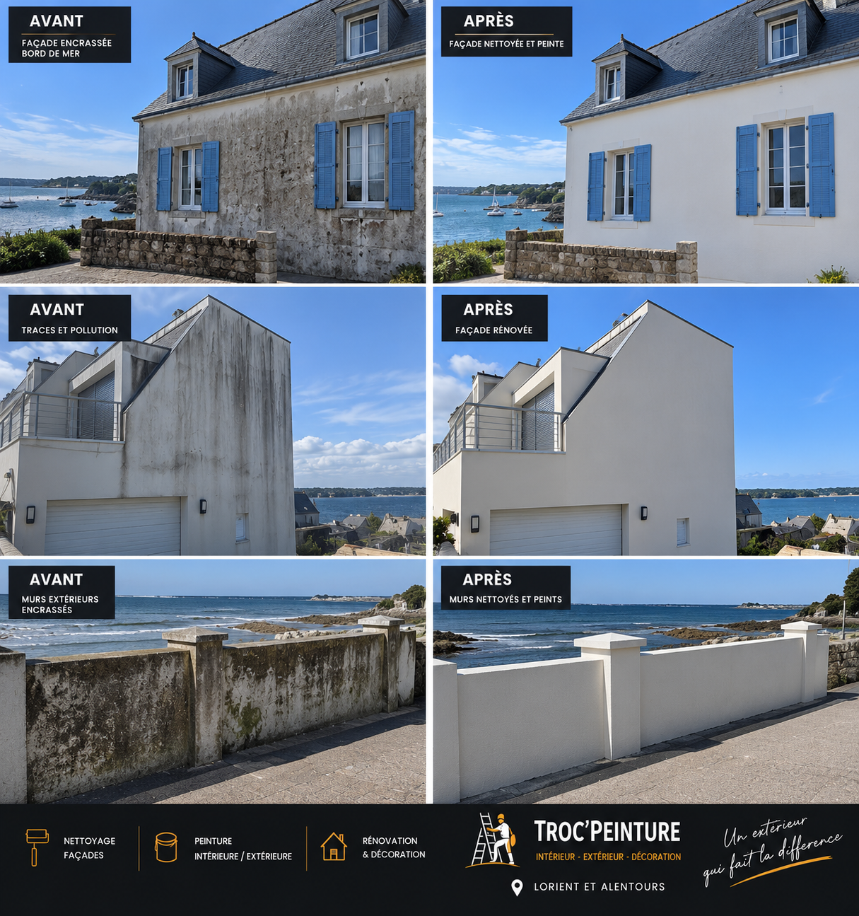 Avant/après : Ravalement de façades et murs en bord de mer par TROC'PEINTURE
