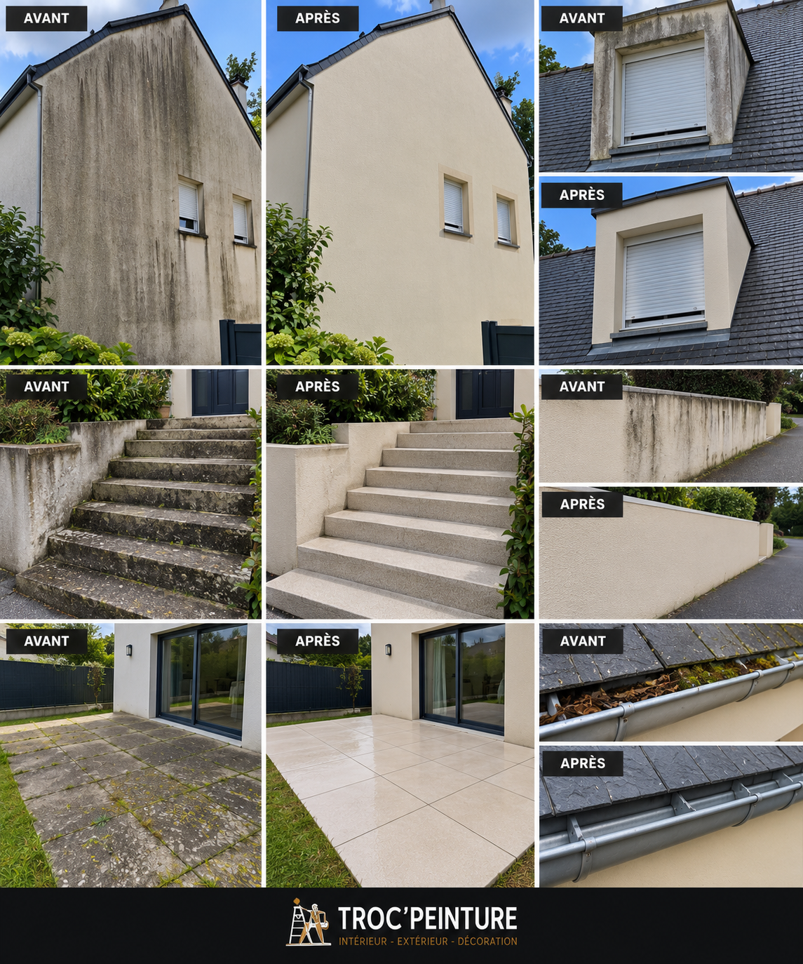 Avant/après : Rénovation extérieure complète d'une maison par TROC'PEINTURE