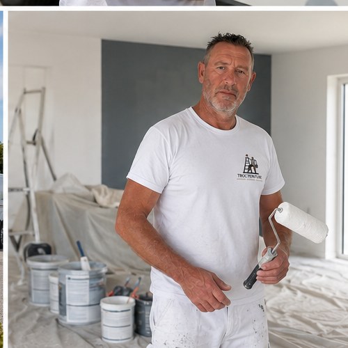 Peintre en intérieur préparant un chantier de rénovation près de Lorient