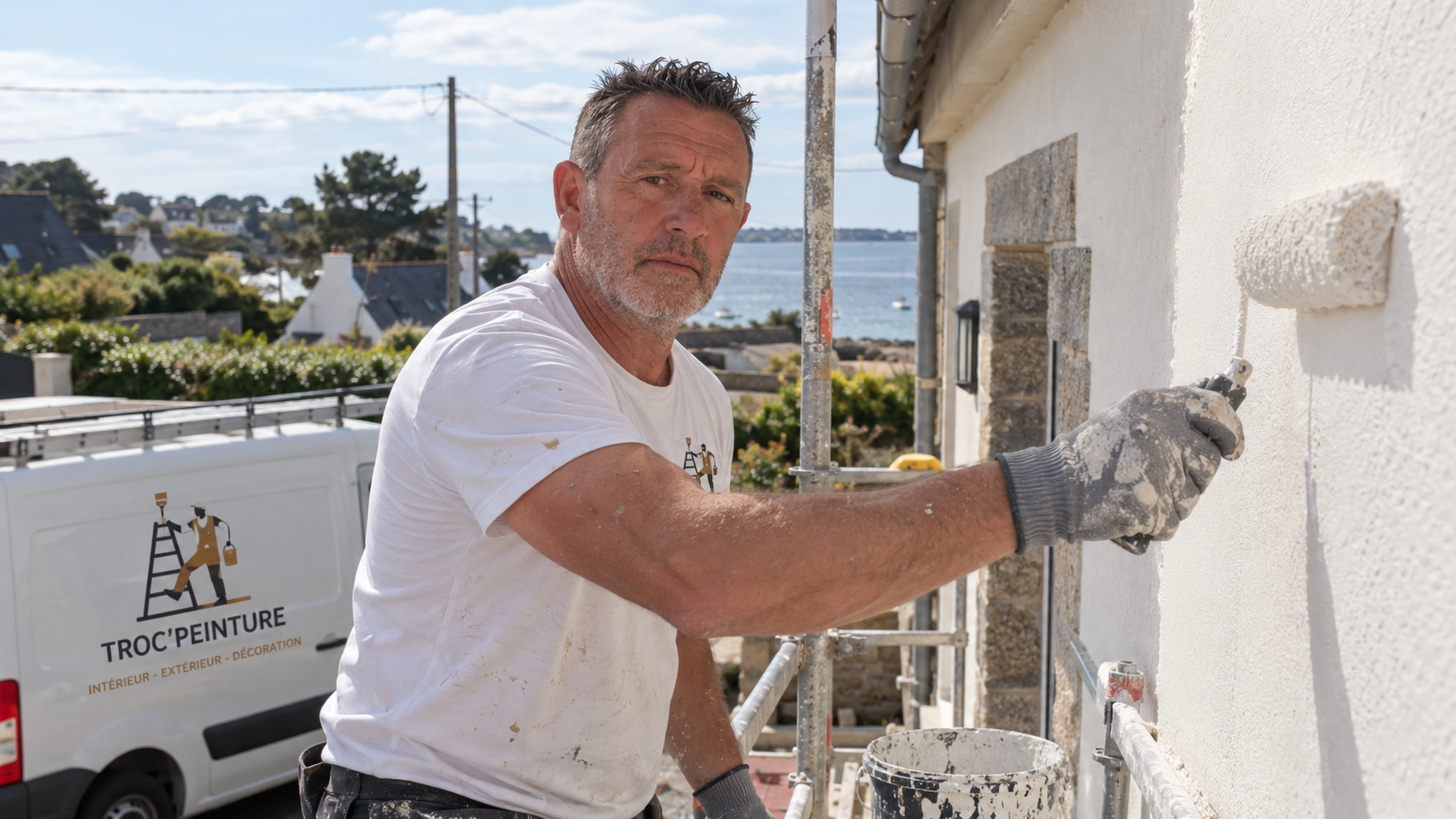 Stéphane, peintre TROC'PEINTURE, peint une façade au rouleau près de Lorient